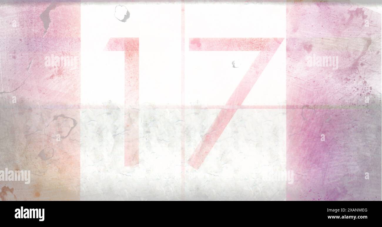 Grand numéro 17 en rouge sur fond texturé, délavé avec des teintes roses et blanches Banque D'Images