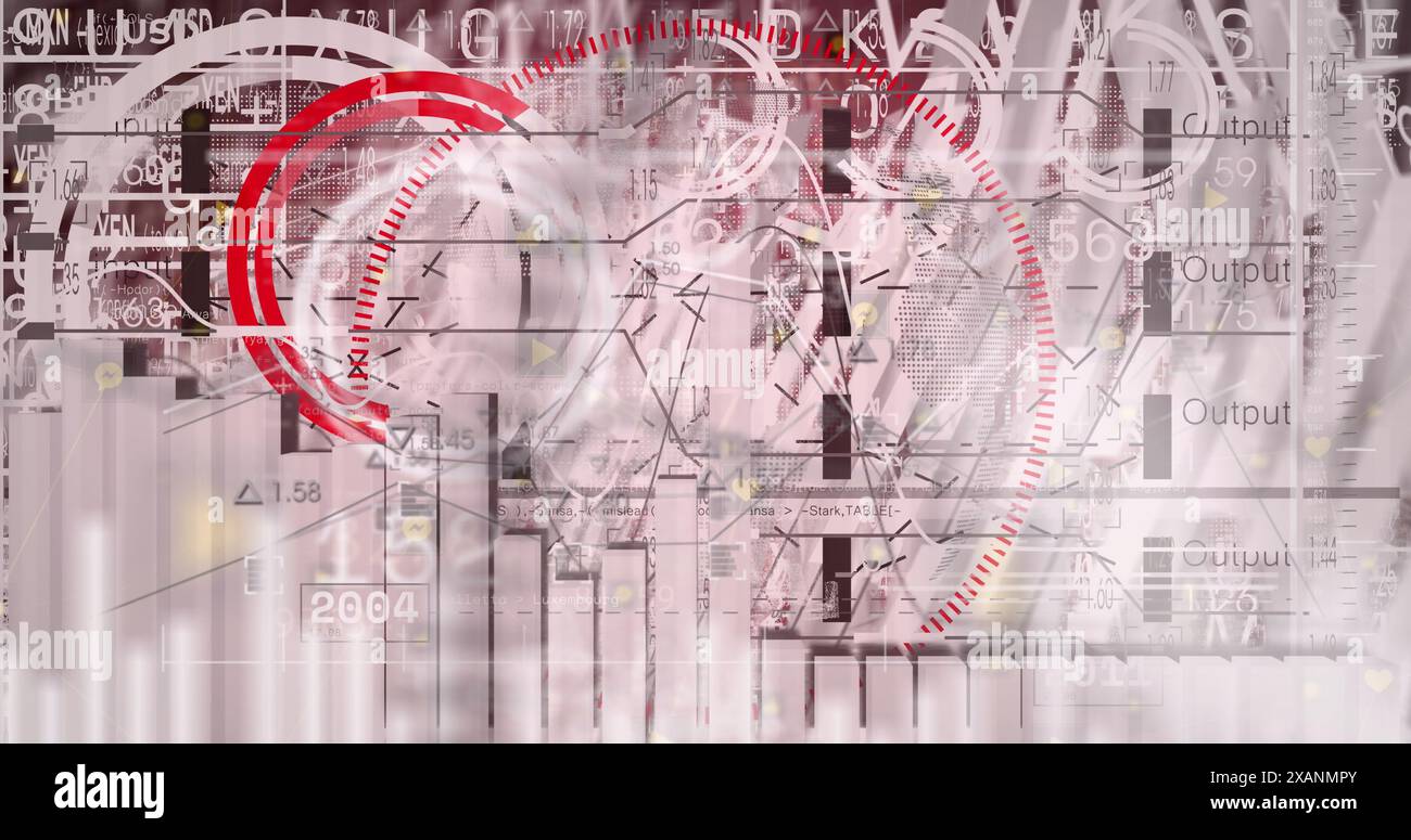 Illustration de l'interface avec traitement des données sur fond rouge Banque D'Images