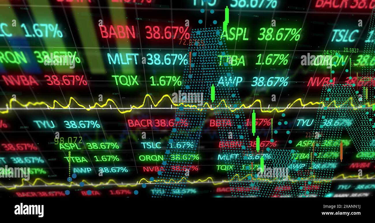 Données boursières colorées avec divers symboles de ticker et graphiques fluctuants Banque D'Images