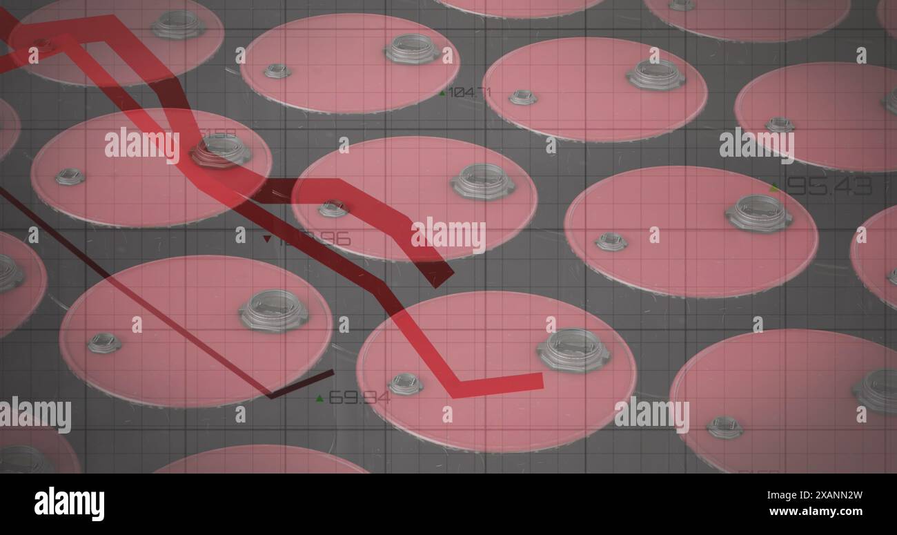Image du traitement des données financières avec des lignes rouges sur des barils rouges d'essence sur fond noir Banque D'Images