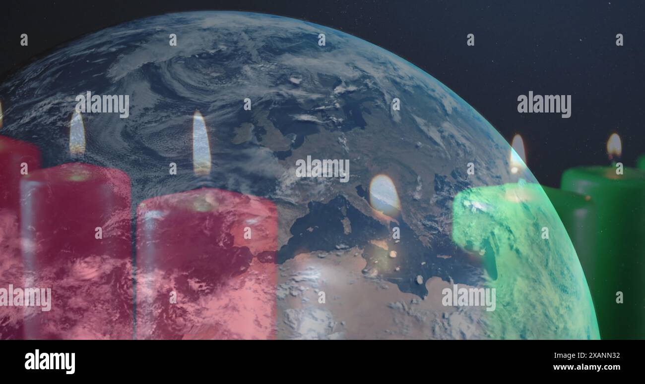 Image de bougies allumées sur le globe sur fond bleu, espace de copie Banque D'Images