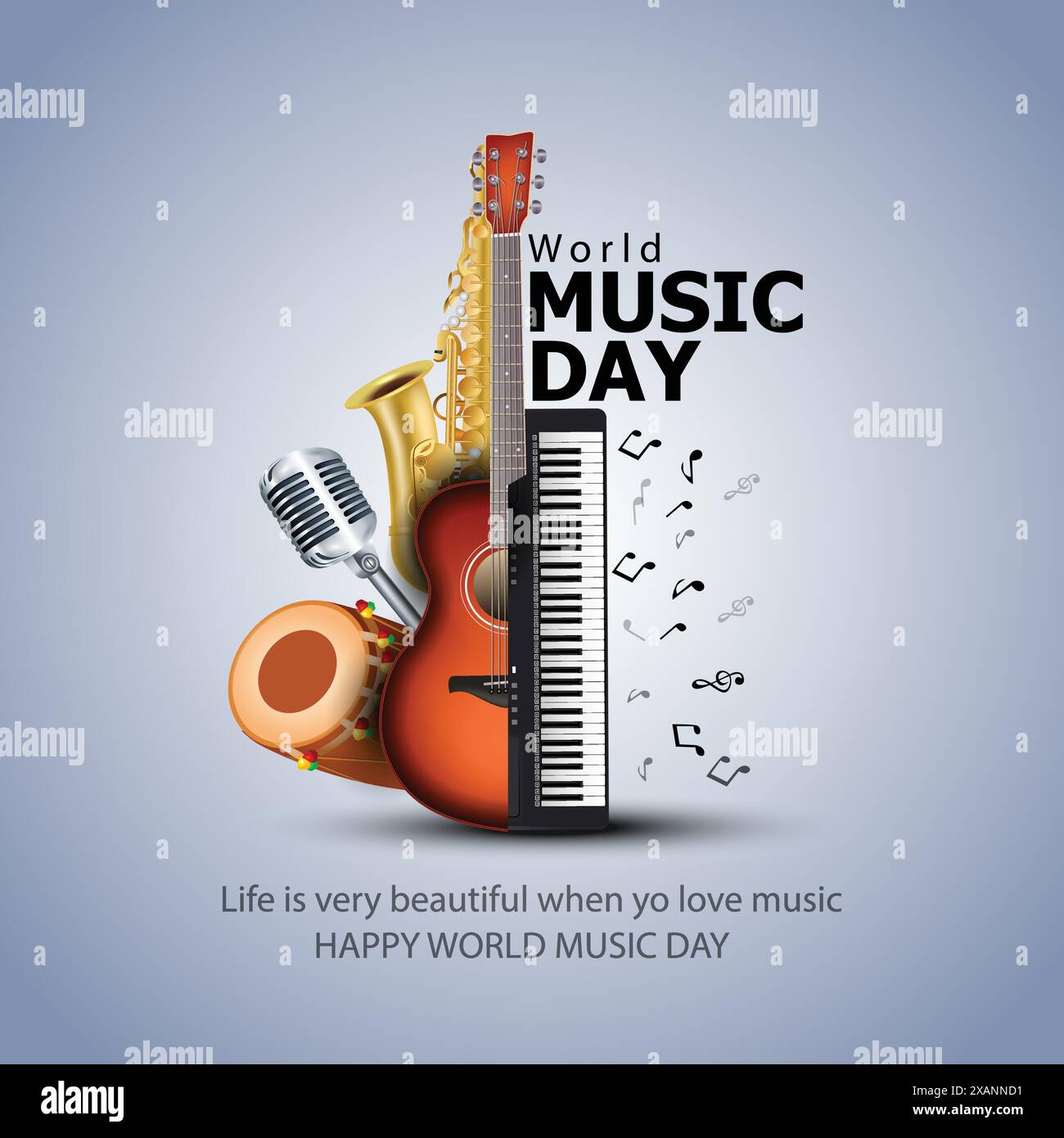 happy world music day et instruments de musique sur fond bleu. dessin vectoriel Illustration de Vecteur