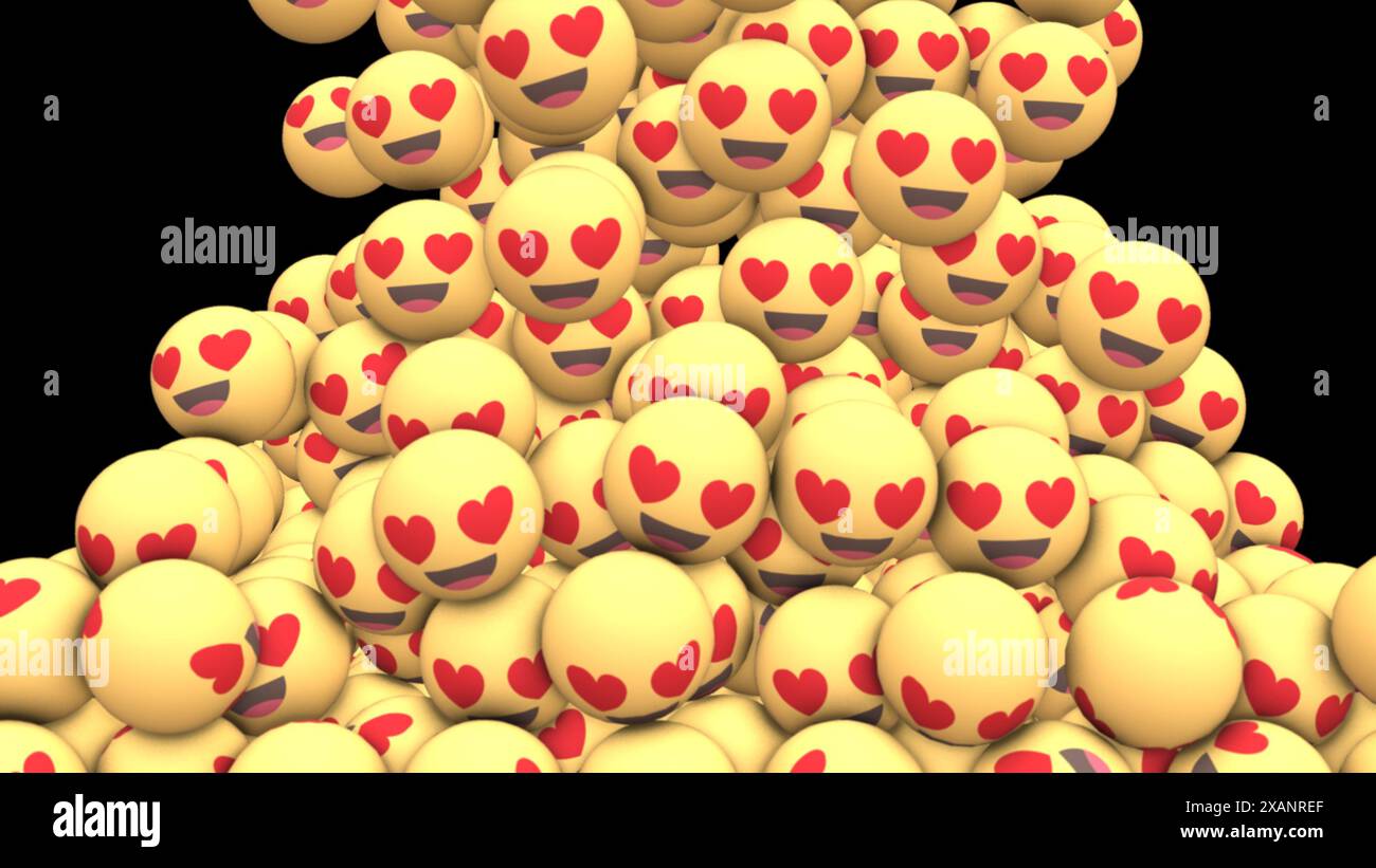 Un rendu numérique d'une grande pile d'emojis jaunes avec des yeux de coeur. Les emojis sont empilés les uns sur les autres, créant une sensation de profondeur. Banque D'Images