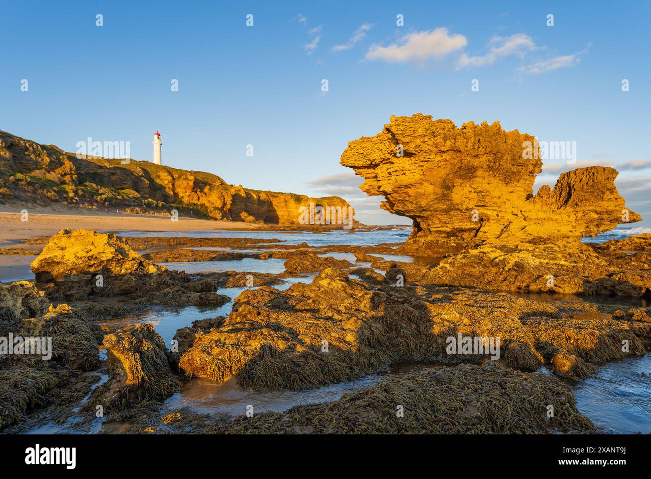 Formation rocheuse érodée sur le rivage sous un phare lointain sur une falaise à Aireys Inlet sur la Great Ocean Road à Victoria, en Australie Banque D'Images
