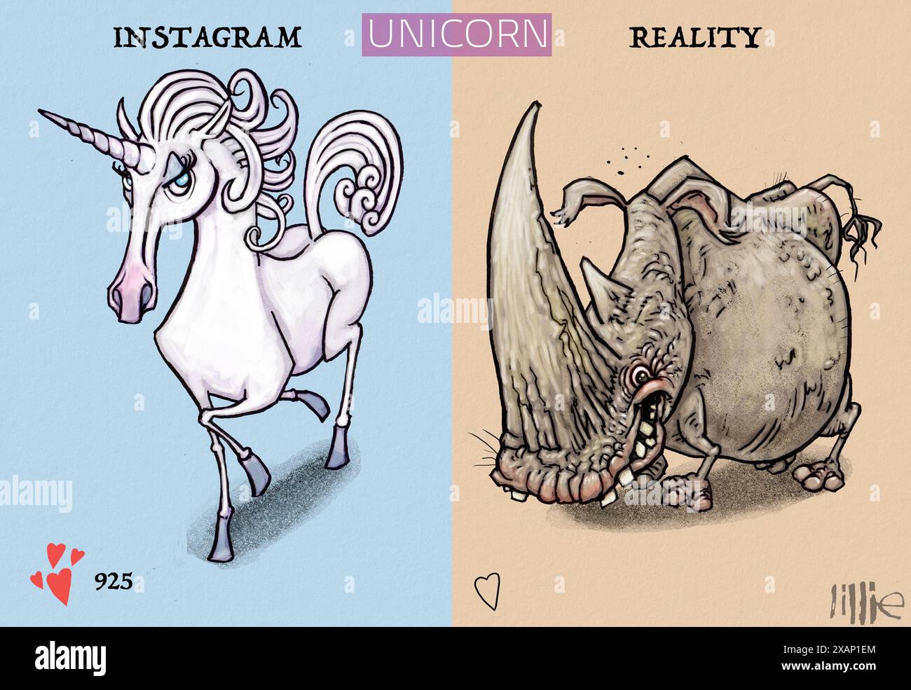 Concept art tromperie sur les médias sociaux, les filtres inoffensifs changent d'apparence, aux mensonges, aux faux profils fausses nouvelles Instagram licorne est un rhinocéros dangereux Banque D'Images Concept art tromperie sur les médias sociaux, les filtres inoffensifs changent d'apparence, aux mensonges, aux faux profils fausses nouvelles Instagram licorne est un rhinocéros dangereux Banque D'Images