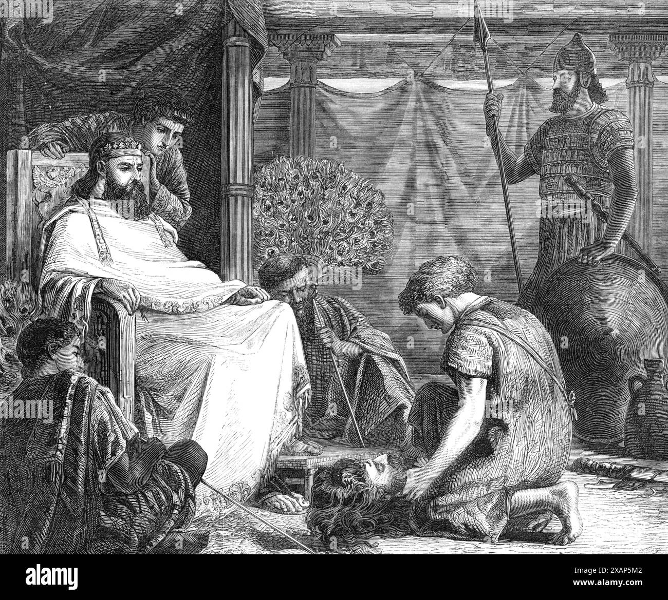"David montrant la tête de Goliath à Saul" (peinture de la médaille d'or RA), par Miss Louisa Starr, 1868. "Nos lecteurs sont probablement conscients que, outre les prix annuels de la Royal Academy pour les dessins et modèles de la vie, copies d'œuvres antiques, et études en perspective, chaque année sur deux le Conseil de la Royal Academy offre une belle médaille d'or, et une prime de &#xa3;60, pour chacune des meilleures œuvres originales en peinture et sculpture, en illustration de sujets donnés quelques mois avant la distribution ; et aussi une médaille d'or pour la meilleure conception architecturale, et un trav Banque D'Images