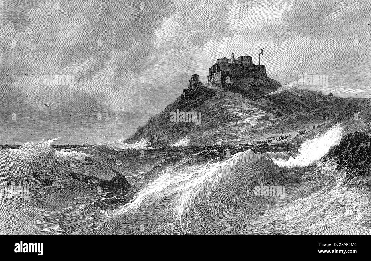 "A Fresh Gale - Mount orgueil, Jersey", par E. Hayes, dans l'exposition de la Society of British Artists, Suffolk-Street, 1869. 'L'artiste dont nous gravons l'image, Mr. E. Hayes, est un peintre marin d'une capacité très considérable et bien connue. Nous cherchons donc d’abord les effets marins dans une de ses œuvres. En conséquence, nous avons ici une représentation forcée de la mer après une tempête récente, dont la fureur peut être mesurée par la magnitude de la "houle" qui roule, aggravée par le contrôle des bas-fonds, dans les énormes vagues se brisant le long des rochers du premier plan et de la dista Banque D'Images