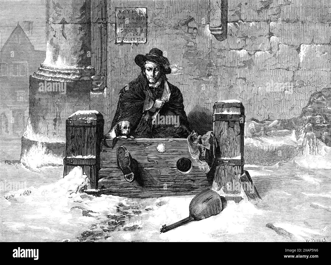 Left Out in the Cold, par J. Ritchie, de l'exposition d'hiver à la French Gallery, Pall-Mall, 1869. Gravure d'un tableau. 'Quelle ville impitoyable a atteint notre pauvre errant qui a eu le cœur de le traiter avec cette ignominie et cette cruauté?...qu'un musicien itinérant..., un interprète vocal de solos avec accompagnement de la guitare dulcet, un descendant direct et représentant de barde, et troubadour... un gentleman qui... porte le chapeau et la plume et le manteau d'un cavalier - rester, et si c'est même un amant déguisé qui planifie une fuite! - qu'un tel, dit-on, devrait l'être Banque D'Images