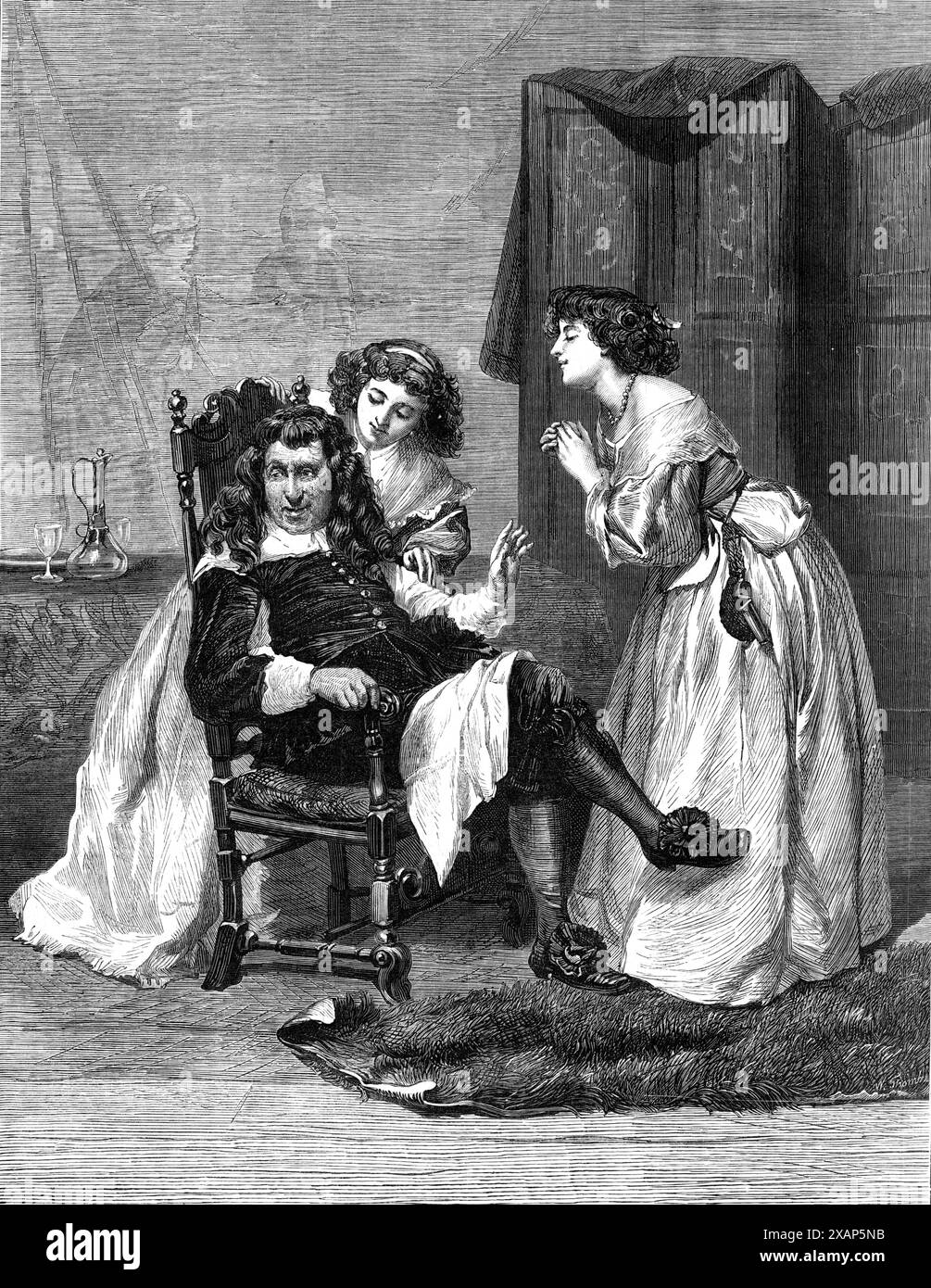 "Persuader Papa", par J. Pettie, A.R.A., dans l'exposition à la galerie, 7, Haymarket, 1869. Gravure d'un tableau. Supposons que par l'introduction d'une facture de jeu ou d'un billet pour les Ranelagh...it ait été laissé entendre que ces jeunes demoiselles effarantes étaient en train de rouler un ordre de papa...in manifestement bon caractère et souple pour lui faire danser la présence sur leurs plaisirs en tant qu'escorte et protecteur. Supposons, par une lettre ou un autre signe d'amour, que nous ayons été amenés à croire que ces méchants confédérés étaient en train de se lancer dans la lumière la plus favorable à papa - assez gay lui-même, nous le garantissons, en h. Banque D'Images