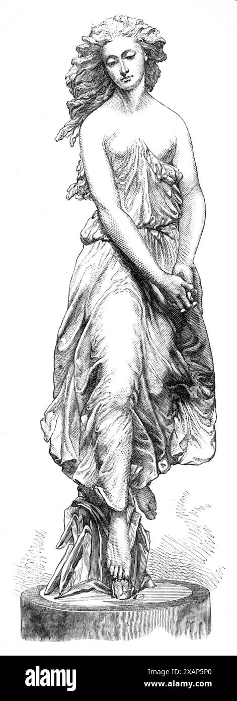 "Undine", par A. Munro, dans l'exposition de la Royal Academy, 1869. 'La figure gracieuse que Mr. Munro a sculptée pour incarner sa conception de la douce nymphe de l'eau, "Undine", dont la présence timide est ressentie, bien que rarement ou jamais vue, par des errants romantiques le long des rives séquestrées des rivières intérieures, se trouvera l'une des statues les plus agréables de la présente exposition. Elle se tient debout sur la pointe des pieds, comme le montre notre gravure, où le sedge à larges feuilles et les nénuphars se regroupent autour de ses pieds, se calmant, avec les mains pliées négligemment, alors qu'elle se penche en avant au-dessus du ruisseau, Banque D'Images