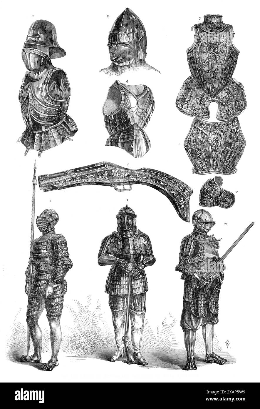 Armes et armures dans la collection Meyrick à South Kensington, 1869. 'No 1 - plusieurs pièces d'une armure allemande, datée de 1450 : le casque, le mentonni&#xe8;re ou mentonnière, la poitrine, et la plaque arrière ; qui durent... est également montré séparément dans le no 4. No 2 - berceau ou casque, avec vizor attaché à elle, les épaules revêtues de mailles de chaîne ; daté 1320, italien. Nos3, 6 et 7 - portions de la splendide armure appartenant à Alphonso Ier, cinquième duc de Ferrare, fin du XVIe siècle : le gorget, ou pièce de gorge ; le pectoral, sous lequel se projettent des pièces courbes Banque D'Images