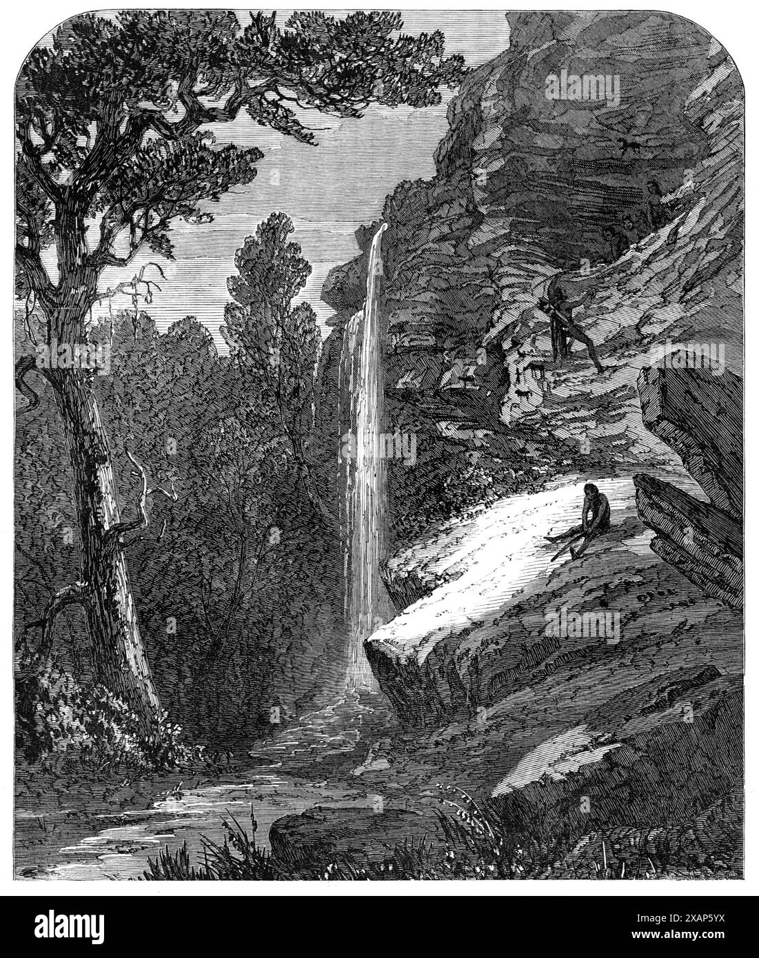 Bushman's Cave, Eland Berg, Kat River, Afrique du Sud, 1869. Gravure tirée d'un croquis de M. T. Baines, «...le voyageur sud-africain...[montrant] un dessin grossier peint par des artistes sauvages..."dans cette vallée pittoresque", dit M. Baines, "la couche supérieure de roche surplombe les grottes et la terrasse en dessous; et pendant la saison inondée, lorsque la nappe d'eau s'effondre, permettant au spectateur de marcher derrière, la scène doit être belle. Il y avait plusieurs animaux ici grossièrement délimités ; mais un soin particulier avait été pris pour préserver la ressemblance et la forme de l'terre, le rhinocéros Banque D'Images