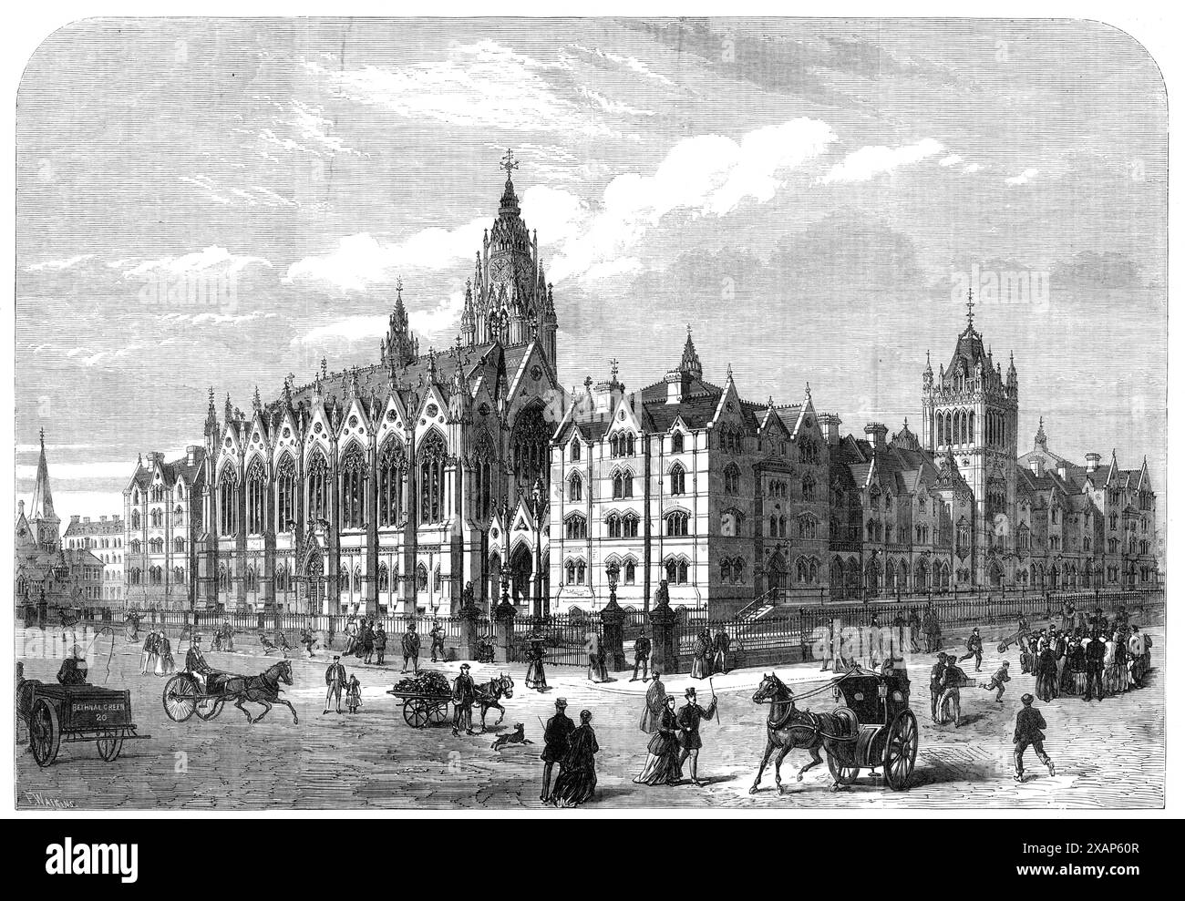 Columbia Market, Bethnal-Green [à Londres], construit par Miss Burdett-Coutts, a ouvert mercredi 1869. Marché et '...set de logements modèles pour les familles ouvrières... les objectifs bénéfiques de Miss Coutts... sont de fournir aux pauvres environnants une nourriture saine à un taux équitable ; de rapprocher le producteur et le consommateur en communication plus étroite; et pour promouvoir les habitudes de l'industrie et de l'épargne parmi la classe la plus humble des commerçants... les magasins doivent être occupés par les agriculteurs ou leurs agents, qui seront leurs propres vendeurs, et ainsi libérer leurs clients des pénalités infligées par t Banque D'Images