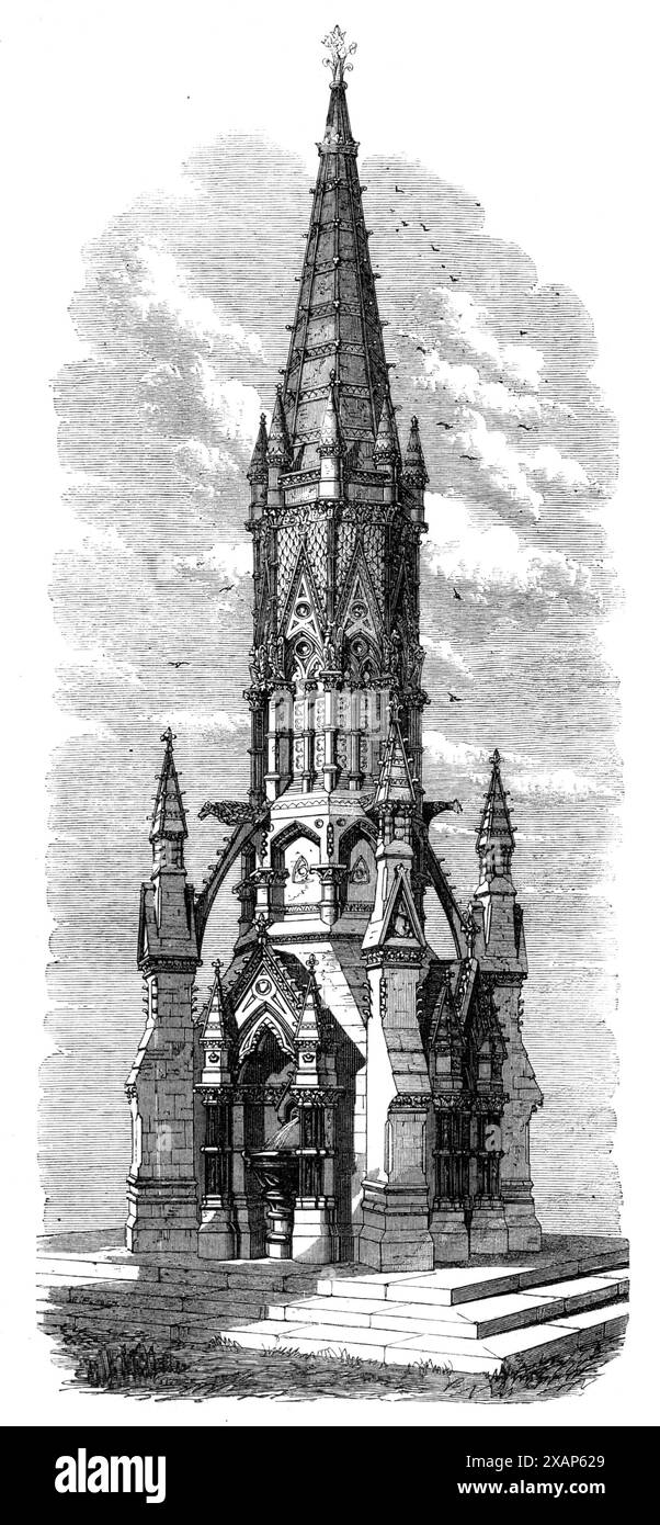 Fontaine d'eau potable à Hyde Park, [Londres], ouverte samedi dernier, 1868. '...le duc de Cambridge, en tant que garde de Hyde Park, a participé à l'inauguration d'une nouvelle fontaine d'eau potable, érigée aux frais du maharajah de Vizianagram, K.C.S.I., membre du Conseil législatif de l'Inde, et sous les auspices de la Metropolitan Drinking-Fountains Association... il est construit avec la plus belle pierre de Bath ; les bols sont en granit rouge poli d'Aberdeen ; et les colonnes en pierre de Pennant bleu... il a été conçu par M.R. Robert Keirle... il y a quatre bols et jets d'eau, et sous chaque bol est un galvan Banque D'Images