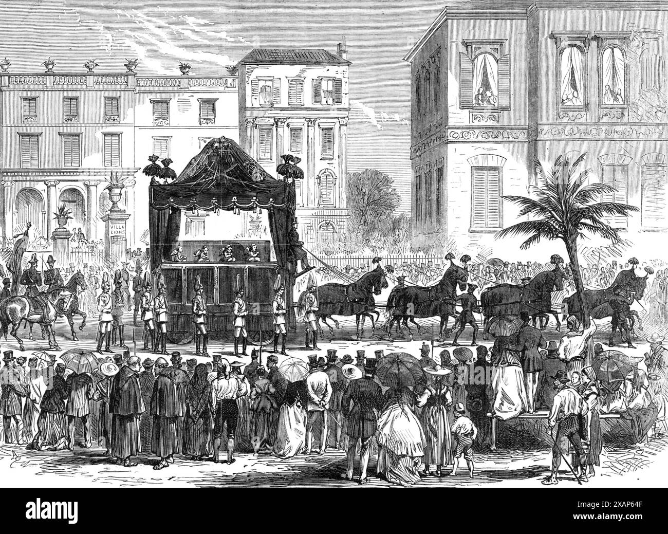 Cortège funèbre du défunt roi de Bavière à Nice : le cort&#xe9;GE quittant la Villa Lions, 1868. 'Avant de régner, [Louis I. (Charles Auguste)] manifestait peu de goût pour les affaires politiques, et se consacrait à la culture des beaux-arts, vivant même parcimonieusement pour obtenir les moyens d'accumuler des objets de virtu... à la mort de son père, [en] 1825, il accéda au trône, et au début, il s'est montré désireux de gouverner libéralement. Cependant, à partir de 1830, il poursuit une politique réactionnaire. En 1846, à l'âge de soixante ans, il s'épris de la célèbre danseuse Lola Banque D'Images