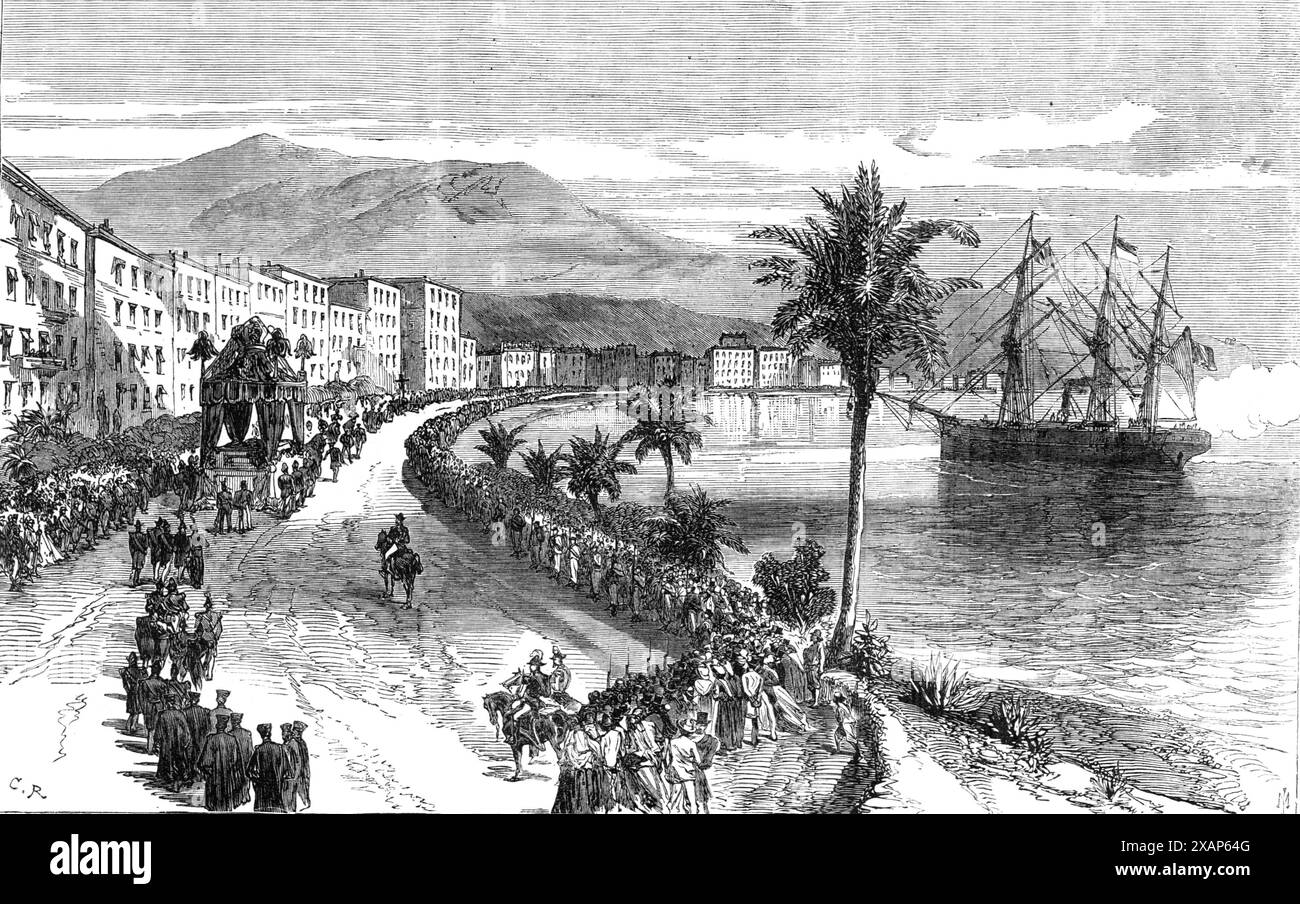 Cortège funèbre du défunt roi de Bavière à Nice : le cort&#xe9;GE passant le long de la Promenade des Anglais, 1868. 'Avant de régner, [Louis I. (Charles Auguste)] manifestait peu de goût pour les affaires politiques, et se consacrait à la culture des beaux-arts, vivant même parcimonieusement pour obtenir les moyens d'accumuler des objets de virtu... à la mort de son père, [en] 1825, il accéda au trône, et au début, il s'est montré désireux de gouverner libéralement. Cependant, à partir de 1830, il poursuit une politique réactionnaire. En 1846, à l'âge de soixante ans, il s'épris de la célébra Banque D'Images