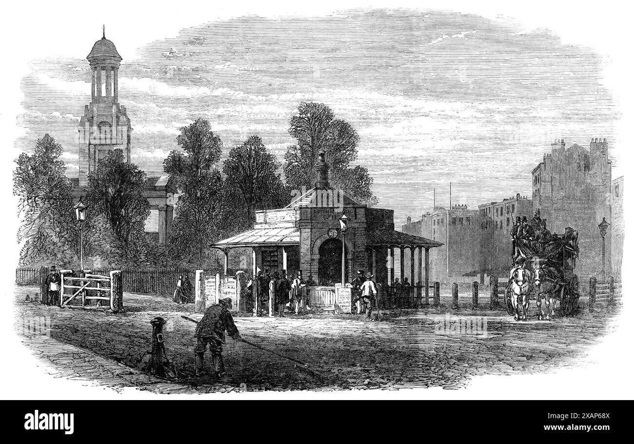 Kennington Turnpike-Gate, récemment enlevé, 1865. «L'abolition des portes à péage dans le quartier de Londres ayant enfin été pleinement réalisée par la suppression, quelques semaines depuis, de celles du côté Surrey de la Tamise, nous présentons maintenant une gravure qui peut témoigner à l'époque de nos petits-enfants de l'existence de ce système absurde et gênant sur les routes les plus fréquentées autour de la métropole si tard qu'en l'an 1865. La situation de Kennington Gate, au point de divergence des routes Brixton et Clapham, et à une distance ne dépassant pas deux milles Banque D'Images Kennington Turnpike-Gate, récemment enlevé, 1865. «L'abolition des portes à péage dans le quartier de Londres ayant enfin été pleinement réalisée par la suppression, quelques semaines depuis, de celles du côté Surrey de la Tamise, nous présentons maintenant une gravure qui peut témoigner à l'époque de nos petits-enfants de l'existence de ce système absurde et gênant sur les routes les plus fréquentées autour de la métropole si tard qu'en l'an 1865. La situation de Kennington Gate, au point de divergence des routes Brixton et Clapham, et à une distance ne dépassant pas deux milles Banque D'Images
