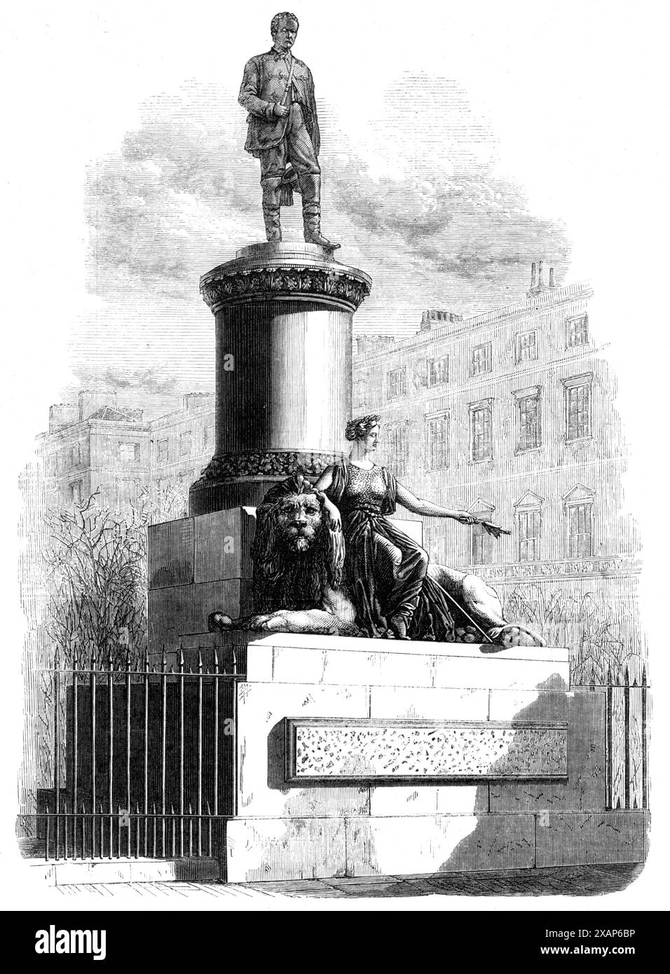 Monument du maréchal Lord Clyde, par le baron Marochetti, à Waterloo-place, [Londres], 1868. Statue de l'officier de l'armée britannique Colin Campbell qui a servi dans la guerre péninsulaire, la guerre de 1812, la première guerre de l'opium et la seconde guerre anglo-sikhe. Il commande ensuite la Brigade des Highlands à la bataille d'Alma et avec sa « mince ligne rouge des Highlanders », il repousse l'attaque russe sur Balaclava pendant la guerre de Crimée. À un stade précoce de la mutinerie indienne, il est devenu commandant en chef, Inde et, dans ce rôle, il a soulagé puis évacué Lucknow et, après avoir attaqué et résolument d Banque D'Images