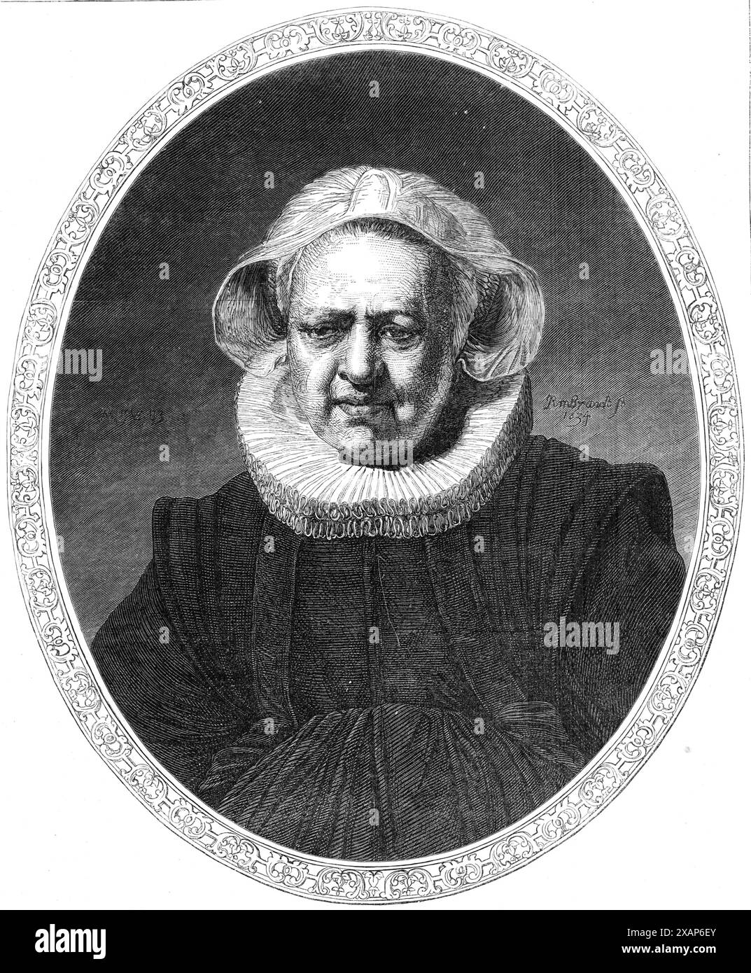 Portrait of an Old Woman, par Rembrandt, à la National Gallery [à Londres], 1868. Gravure d'un tableau, (Portrait d'Aechje Claesdr.). '...it est la plus ancienne image de six ans que nous ayons de la main du maître : datée, telle qu'elle est, 1634, elle doit avoir été peinte quand Rembrandt n'avait que vingt-sept ou vingt-huit ans. Compte tenu de ce fait, notre étonnement devant le génie du peintre doit être considérablement accru. Aussi extraordinaire qu'il puisse paraître, ce portrait présente au moins autant de preuves d'un pouvoir mûri et pratiqué que n'importe laquelle des œuvres ultérieures. Chiaroscuro magique, vérité incomparable t Banque D'Images