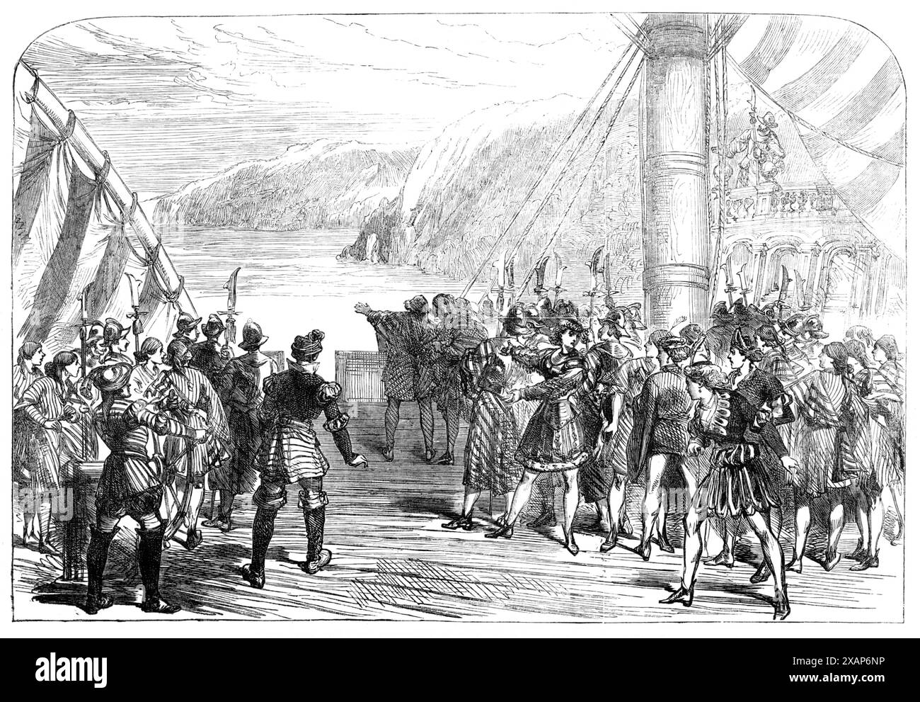 Scène du nouveau burlesque de "Columbus", au Théâtre Gaiety, 1869. Production scénique de Londres. Notre chronique hebdomadaire de nouveautés théâtrales a décrit la nouvelle comédie musicale burlesque, ou opéra buffa, intitulée "Columbus ; or, The original Pitch in a Merry Key" (Amérique), qui a été présentée, au cours du dernier mois, au Gaiety Theatre. Il repose en partie pour ses attraits sur l'introduction de nombreuses parodies queer de mélodies d'opéra bien connues ; et en partie, sans aucun doute, sur la douceur de sa danse de ballet ; mais encore plus sur la magnificence coûteuse de sa décoration Banque D'Images