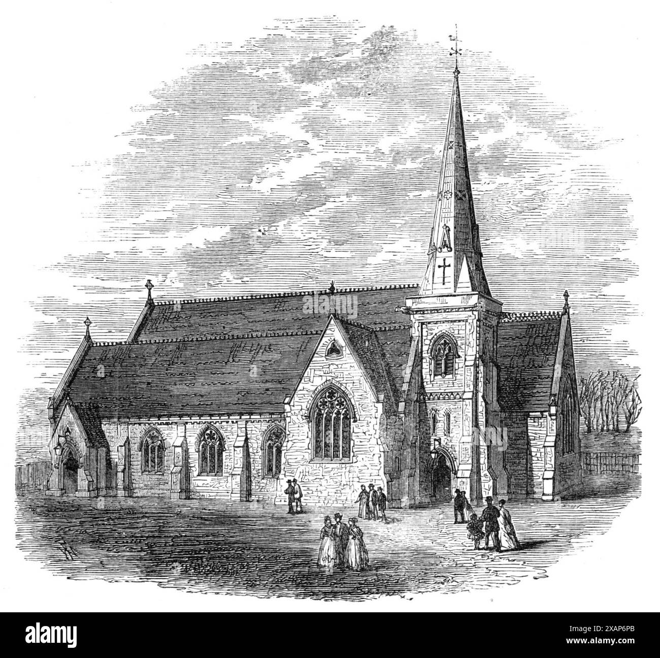 Jude's Church, Brockwell Park, Brixton, [sud de Londres], 1869. 'En 1822, il n'y avait qu'une église dans la paroisse de Lambeth, tandis que la paroisse elle-même s'étendait de Southwark et la Tamise d'un côté à Streatham et Camberwell de l'autre... [construction de l'église] a continué à avancer régulièrement, jusqu'à ce qu'il y ait à ce jour pas moins de vingt-cinq églises dans la paroisse originale de Lambeth. Le plus récent d'entre eux, créé Jude's, construit dans le style ancien décoré de l'architecture gothique anglaise... est conçu pour accueillir 1070 personnes. Son coût total était de &#xa3;7900, dont &#xa3;6220 a été defr Banque D'Images