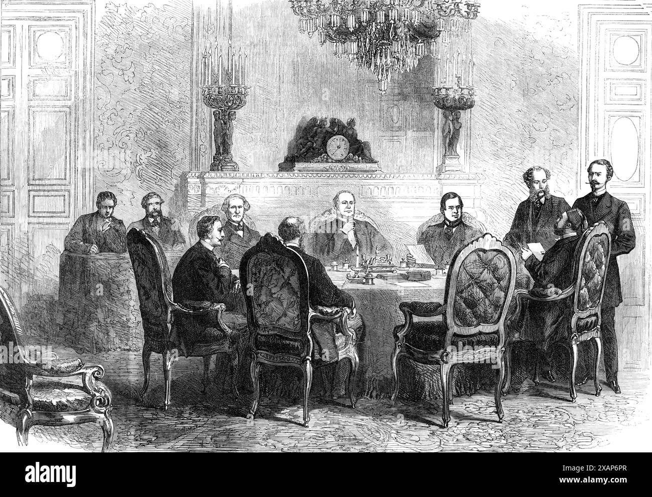 Séance de la Conférence à Paris sur la question turque et grecque, 1869. « La figure centrale de notre gravure est M. de Marquis de Lavallette, président de la Conférence, et ministre français des Affaires étrangères...à gauche de M. de Lavalette est assis Lord Lyons,...ambassadeur britannique à Paris...son voisin, le prince Metternich,...unit la qualification d'ambassadeur autrichien, poste qu'il occupe depuis 1859, à celle de chef de file de la mode parisienne...l'envoyé prussien, le comte von Solms-Sonnenwalde, qui se tient à côté de lui, est également bien connu dans le monde à la mode de par Banque D'Images