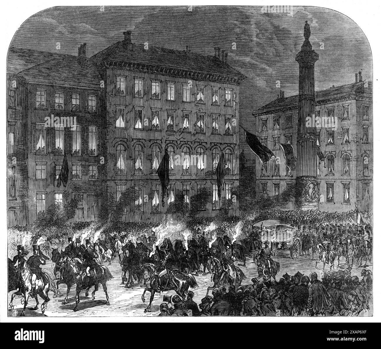 Le corps du défunt roi des Belges emmené à Bruxelles à la torche, 1865. « Mardi soir, le 12 décembre, les restes du défunt roi ont été transférés de Laeken au palais de Bruxelles, à une distance d'environ trois miles. Le cortège funéraire, regardé comme un concours, était du caractère le plus simple - mais l'obscurité de l'heure, la solennité de l'occasion, et les gens qui avaient rassemblé par milliers le long de la ligne de route ont donné à la procession un certain degré de grandeur et d'impressionnance... la voiture funéraire, tirée par huit chevaux caparisés dans le noir le plus riche et le plus profond, an Banque D'Images