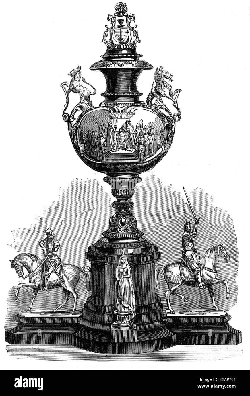 La Coupe Beaufort pour les courses de bain, 1868. 'La Coupe Beaufort, fabriquée par MM. Garrard pour les courses de Bath, est un vase, conçu par Mr. W. Spencer, dans le style Renaissance. Il a deux bas-reliefs latéraux, qui représentent, l'un, le couronnement du roi Henri VI, par le cardinal Beaufort (un fils de Jean de Gaunt et petit-fils d'Édouard III), dans la cathédrale notre-Dame de Paris; et, l'autre, les actions de Henry Beaufort, cinquième comte et premier marquis de Worcester, qui combattit aux côtés du roi Charles II, à la bataille de Worcester. La base est ornée de statuettes équestres de Jean de G. Banque D'Images