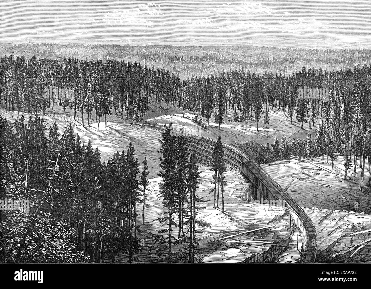 Chemin de fer Central Pacific, Amérique du Nord : pont long Ravine, 1868. "Les principaux liens dans le vaste système de communication ferroviaire, qui reliera bientôt les rives Atlantique et Pacifique de la grande République américaine ensemble, sont le "Union Pacific Railway", s'étendant sur 1600 miles... son cours vers l'ouest passe à travers un pays sauvage et presque inhabité jusqu'aux montagnes Rocheuses, puis en passant par l'Utah et le Grand Lac Salé jusqu'en Californie, en traversant deux chaînes de montagnes élevées. Une société, avec un capital de cent millions de dollars, ou vingt millions de livres sterling, a été formée il y a quelques années, Banque D'Images