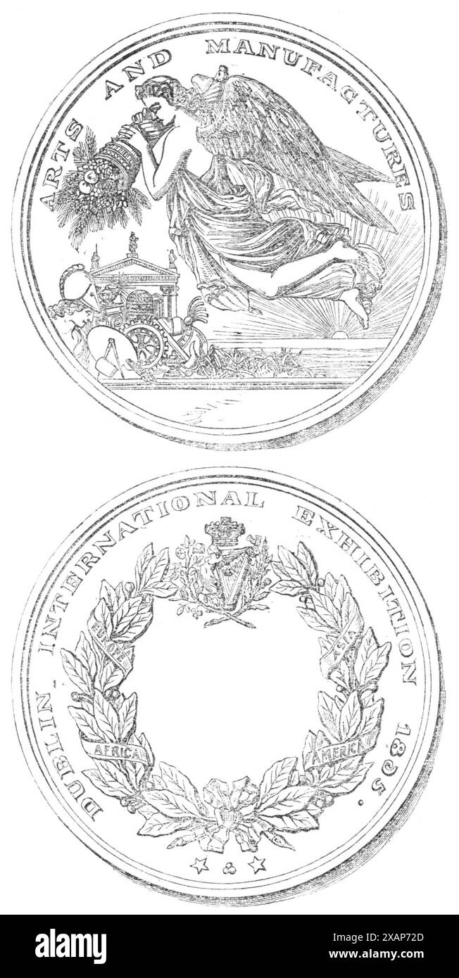 Médaille de l'exposition de Dublin, 1865. « En signe final de la clôture de l'exposition internationale de Dublin, nous présentons une illustration de la médaille du Prix, conçue par un artiste belge, et fabriquée au Palais des expositions, sous la supervision du Conseil exécutif. Le dispositif, on le verra, est simple et intelligible, ne nécessitant que peu ou pas d'interprétation. Une figure féminine ailée et à moitié drapée, portant une ample corne d'abondance, plane au-dessus de la terre et de la mer ; la fa&#xe7;ADE du Palais d'exposition, avec divers emblèmes de l'art et de l'industrie, est visible sur le sol en dessous ; avec Banque D'Images