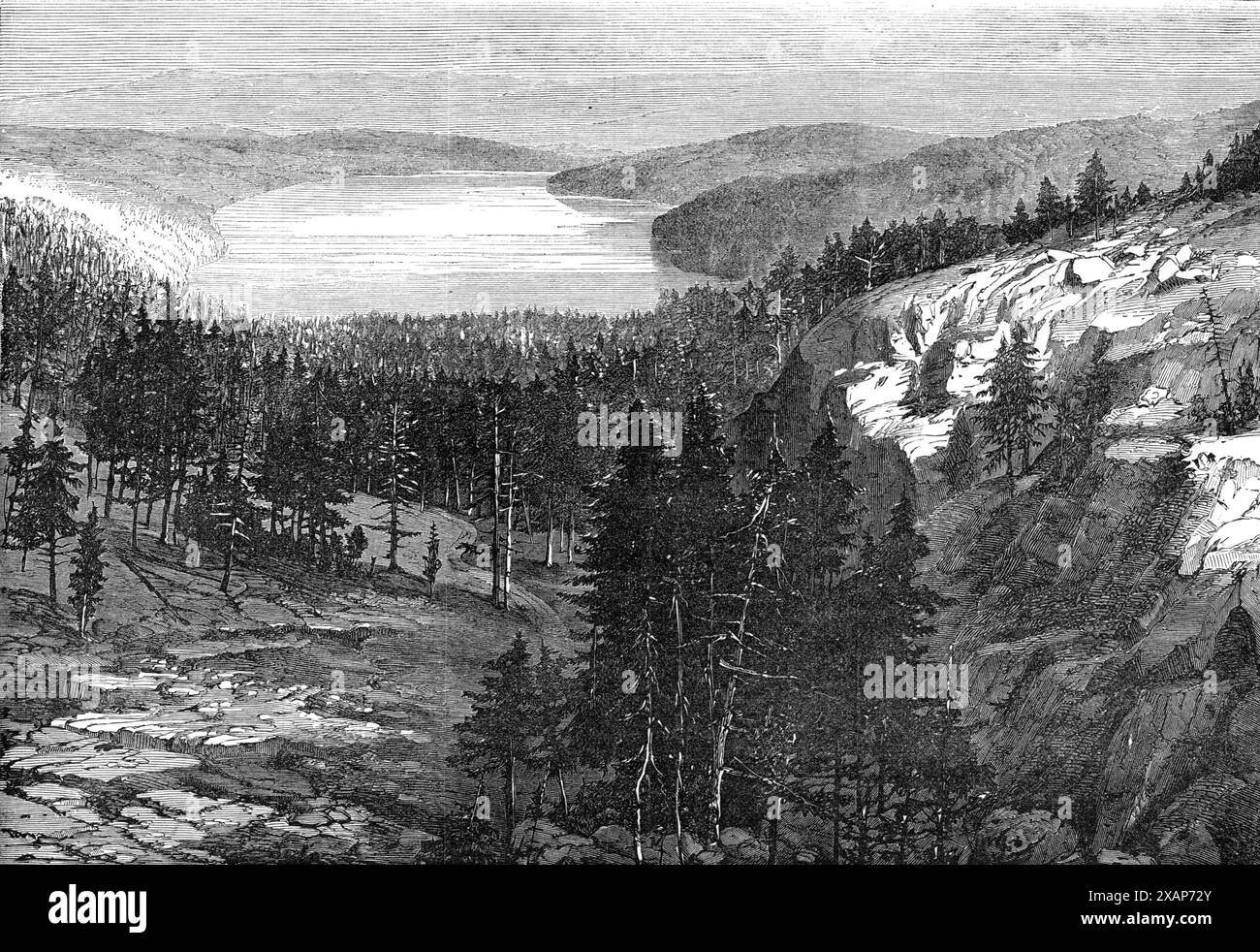 Le Central Pacific Railway, Amérique du Nord : donner Lake, 1868. "Les principaux maillons du vaste système de communication ferroviaire, qui reliera bientôt les côtes Atlantique et Pacifique de la grande République américaine ensemble, sont les "Union Pacific Railway", s'étendant sur 1600 miles... son cours vers l'ouest passe à travers un pays sauvage et presque inhabité jusqu'aux montagnes Rocheuses... nous avons gravé [une illustration] du paysage traversé par ce chemin de fer,... fourni par Mr. Geo. E. Grey, l'ingénieur-conseil, [montrant la vue]... Depuis le sommet du col donner, dans le mont Sierra Nevada Banque D'Images