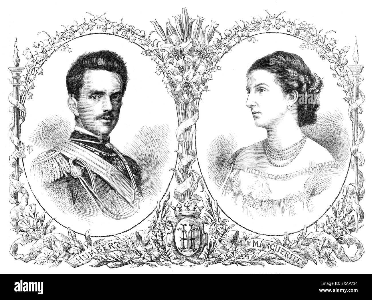 Le prince héritier Humbert d'Italie et la princesse Marguerite de Savoie, 1868. Gravures de photographies de M. Alphonse Bernoud et M. le Lieure. 'Le mariage du... fils aîné du roi Victor Emmanuel, avec sa cousine germaine,... fille du frère du roi, le défunt duc de Gênes, est attendu avec beaucoup de satisfaction, les vertus et les réalisations de la mariée l'ayant grandement aidée aux gens de son Piémont natal... Un goût pour les activités intellectuelles et littéraires semble être héréditaire dans cette famille, et l'une des meilleures traductions allemandes de Dante est l'œuvre du roi de Saxe. Th Banque D'Images
