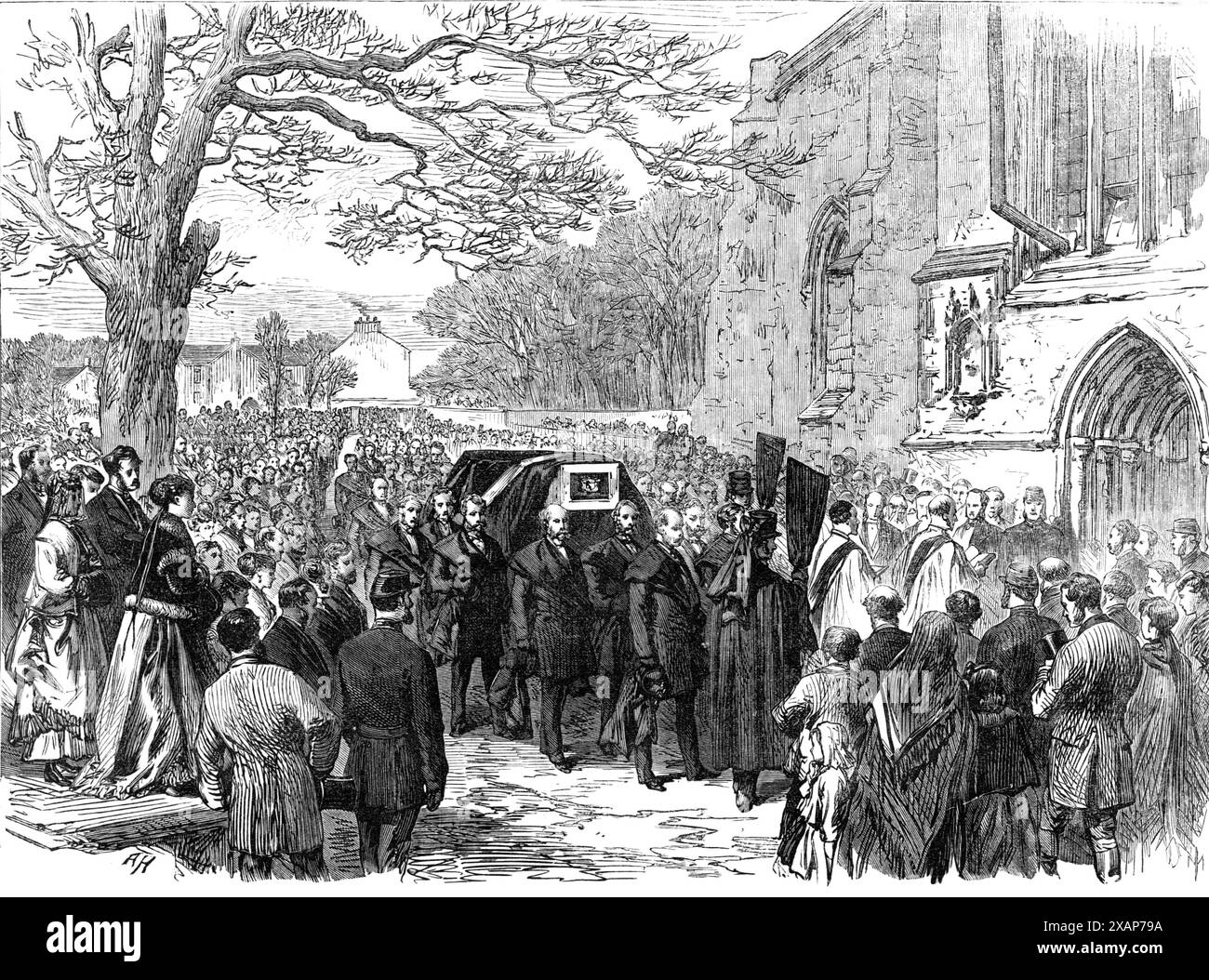 La catastrophe de la chasse dans le Yorkshire : les funérailles de Sir Charles Slingsby à Knaresborough, 1869. Slingsby, maître de la chasse au renard, a été noyé avec cinq autres et huit chevaux après treize hommes, avec onze chevaux, entassés dans un navire destiné à accueillir seulement la moitié de ce nombre... le corbillard, dix entraîneurs de deuil, et trente-cinq voitures privées...[arrivant à l'église paroissiale. Il y avait beaucoup de messieurs présents de York, Leeds, Knaresborough, Harrogate, Ripon, Boroughbridge, les villages voisins et les régions plus éloignées du pays. Chaque chasse dans le Yorkshire, et une dans le t Banque D'Images