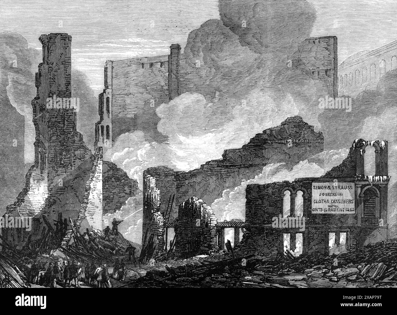 The Great Fire at Chicago : Ruins on the South Side of Lake-Street, 1868. Gravure d'une photographie de Mr. George C. Pearson. '...it est déclaré dans les journaux locaux qu'il y a des raisons de soupçonner que l'incendie de l'autre côté de la rue, à huit heures et demie, a été l'œuvre d'une bande d'incendiaires, qui ont profité de la confusion pour piller les entrepôts de vêtements en gros, ou "magasins de marchandises sèches", dans ce quartier. La distance entre le bloc d'angle, qui a été mentionné, et le magasin de messieurs Carson, Pirie et Co., no 29, Lake-Street, au sous-sol de Banque D'Images