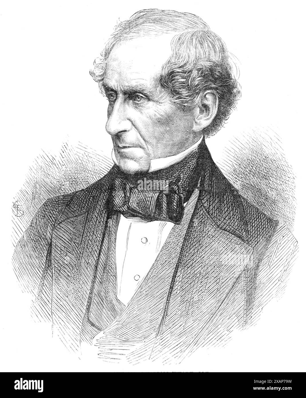 Le décès de M. William Ewart, député, 1869. Gravure tirée d'une photographie de John Watkins du «... député des circonscriptions de Dumfries... alors que le ministère de Lord Melbourne était au pouvoir, il présentait annuellement une motion pour l'égalisation des droits sur le sucre de l'Inde orientale et occidentale; il a également exhorté vigoureusement et sans relâche, à une époque où il était presque seul, l'atténuation de notre code criminel par l'abolition de la peine capitale pour le vol de chevaux et de bétail, &amp;c.. ; et, avec un zèle louable au nom des classes ouvrières et de la population de nos grandes villes bondées, il avança Banque D'Images