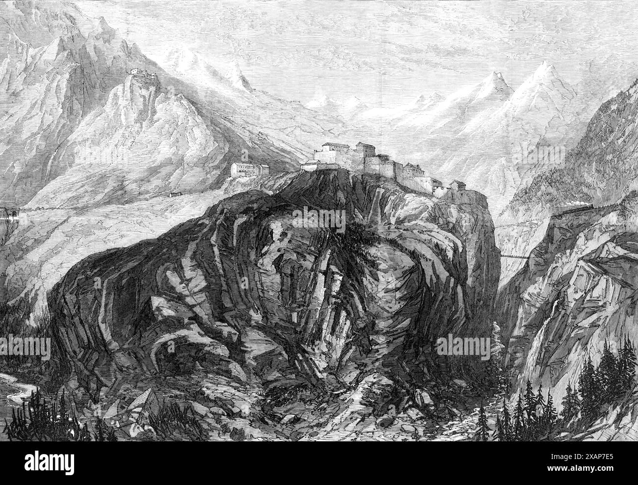 La nouvelle route terrestre vers l'Inde : Mont Cenis Railway - Fort l'Esseillon, à Brabans, 1869. 'Le paysage alpin de la grande route et du chemin de fer d'escalade,...from son parcours traversant les recoins les plus intérieurs des montagnes, est plein de variété et d'intérêt...[à la] forteresse d'Esseillon, à Brabans, non loin de Modane,... la route passe haut au-dessus de la rivière Arc, et la gorge profonde et sombre, à travers laquelle ce ruisseau coule, est une fosse naturelle énorme se trouvant en face de cette ancienne forteresse sarde, qui est construite sur le flanc de la montagne, s'élevant loin, avec un niveau au-dessus du niveau des batteries murées, à Banque D'Images