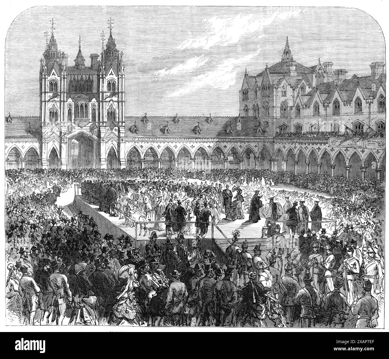 The Opening of Columbia Market [dans l'est de Londres], construit par Mlle Burdett Coutts : l'archevêque de Cantorbéry parlant, 1869. Vue de l'ouverture publique et officielle de ce magnifique bâtiment, adjacent aux habitations modèles de Columbia-Square, récemment fournie par la générosité de Miss Burdett Coutts, pour un coût de &#xa3;170,000...pour le logement du quartier pauvre et peuplé à l'est de Shoreditch...il y eut une immense Assemblée...Miss Coutts...fut reçue avec des acclamations enthousiastes...L'archevêque de Canterbury s'adressa à la foule dans le quadrilatère, et en bref et simple Banque D'Images