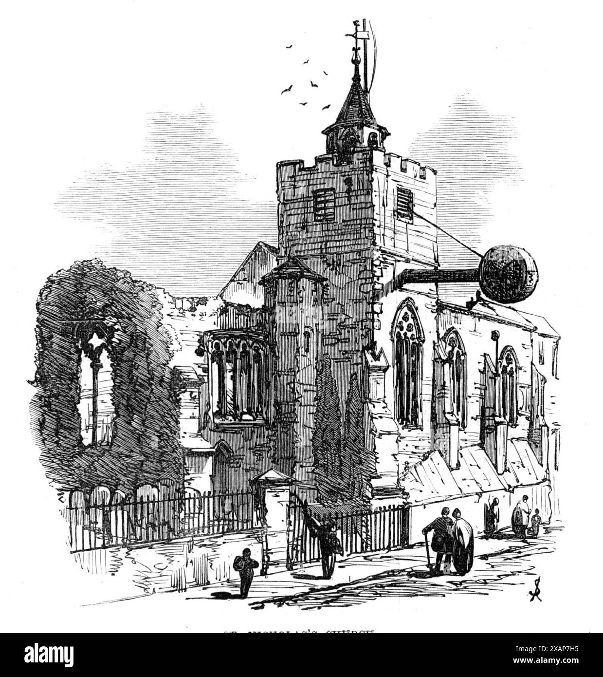 La ville et le camp de Colchester : église de Nicholas, 1869. 'La ville intéressante de Colchester... est, au-delà de toute question, l'un des lieux les plus anciens d'importance historique en Grande-Bretagne, comme c'était la colonie romaine de Camulodunum... L'église de Nicolas, dans la Grande-rue, avec son cadran d'horloge en saillie, est une demi-ruine: il y a plus de 160 ans, l'ancienne tour est tombée à travers le toit du choeur, qui n'a jamais été restauré, tandis que l'autre partie du bâtiment est entretenue en réparation et utilisée pour le culte public. Tiré de "Illustrated London News", 1869. Banque D'Images