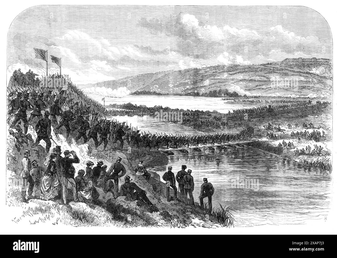 The Volunteer Review at Portsmouth : The sortie from Hilsea Lines, 1868. Illustration de «...la bataille imitée, ce qui était l'une des affaires les plus intéressantes de son genre... de chaque division, alors qu'elle avançait pour former une jonction, de forts piquets ont été jetés, avançant et sentant leur chemin jusqu'à ce qu'ils occupent la ligne du chemin de fer - ceux de la première division devant Wymering et Paulsgrove, et ceux de la deuxième division passant par Cosham. Avant que les piquets n'aient pris leurs positions attribuées, la jonction entre les deux divisions avançant de l'ennemi a été effectuée, et Banque D'Images