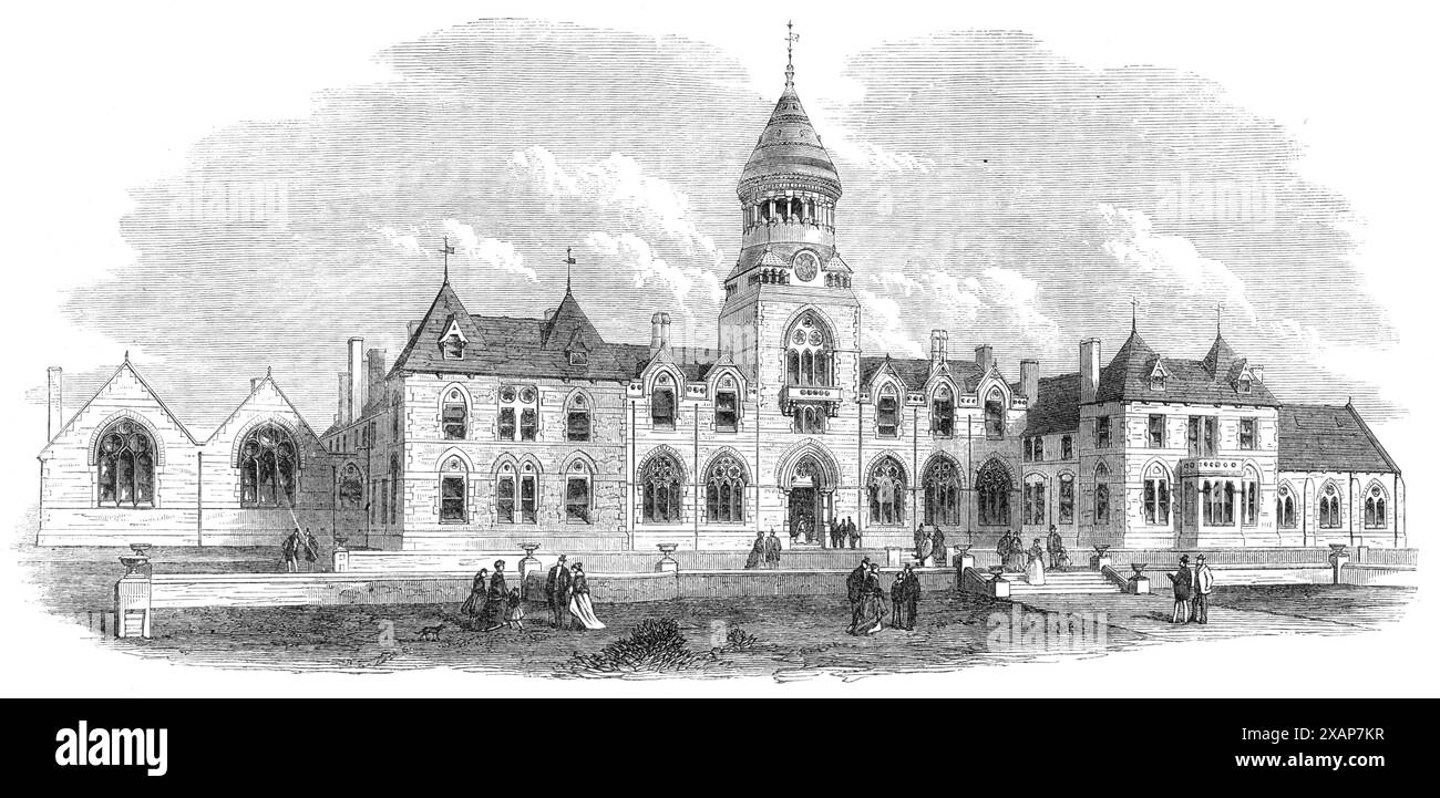 Wesleyan Methodist College, Headingley, près de Leeds, 1869. 'Un nouveau collège pour l'éducation des étudiants ayant l'intention d'entrer dans le ministère de la connexion méthodiste wesleyenne... le bâtiment a été ouvert en septembre dernier... les architectes sont messieurs Wilson et Wilcox, de Bath, et du roi William-Street, Strand. La conception... est un bon exemple du début gothique fin du XIIe siècle... le bâtiment a des logements pour quarante étudiants, mais est agencé de telle sorte que vingt autres peuvent être admis. Le hall d'entrée, sous la tour, a la bibliothèque à sa droite et la salle du conseil à sa gauche ; Behin Banque D'Images
