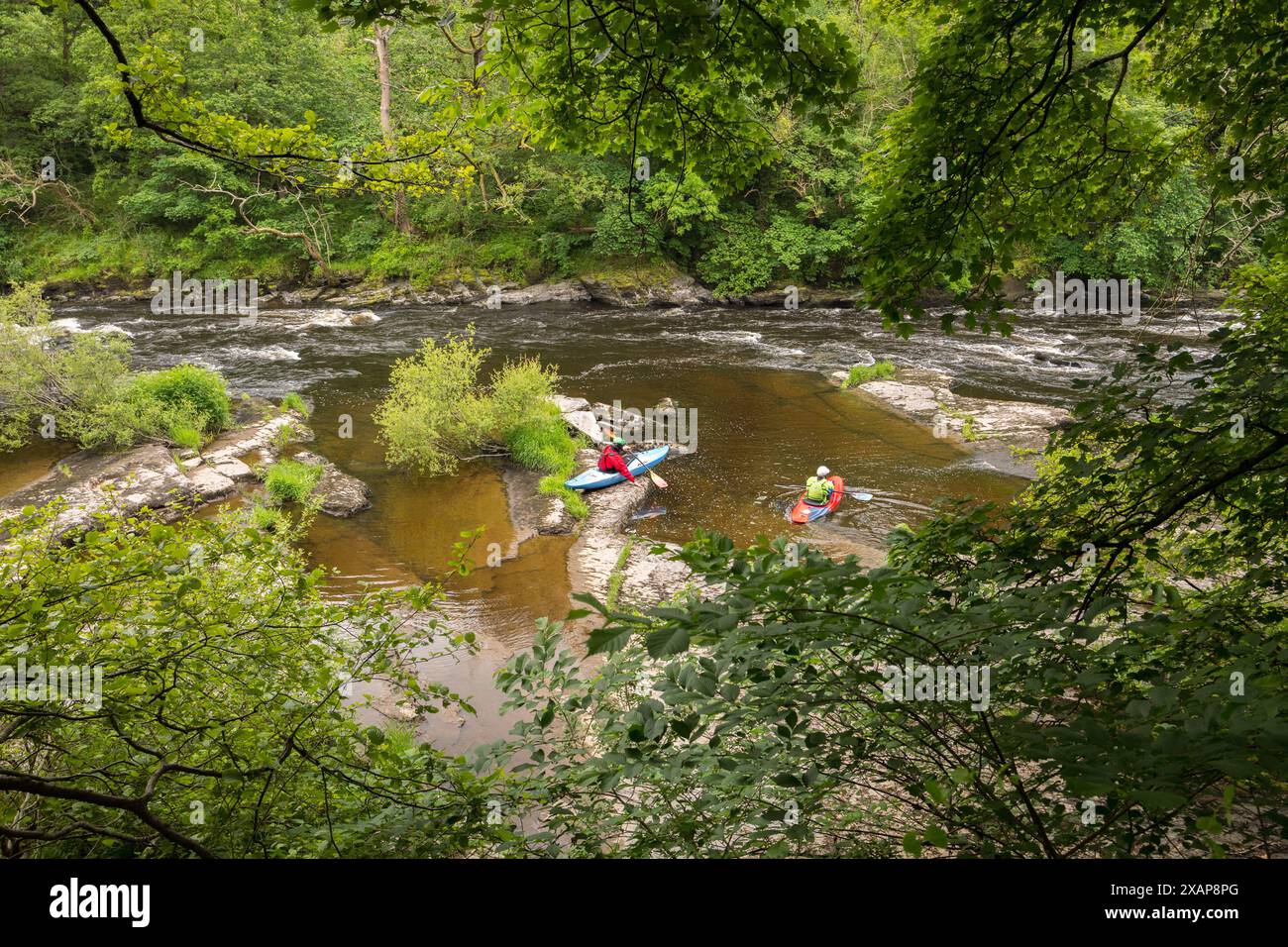 Descente en canoë-kayak en eau vive sur la rivière Dee dans la ville galloise de Llangollen, une activité d'aventure de style de vie. Banque D'Images