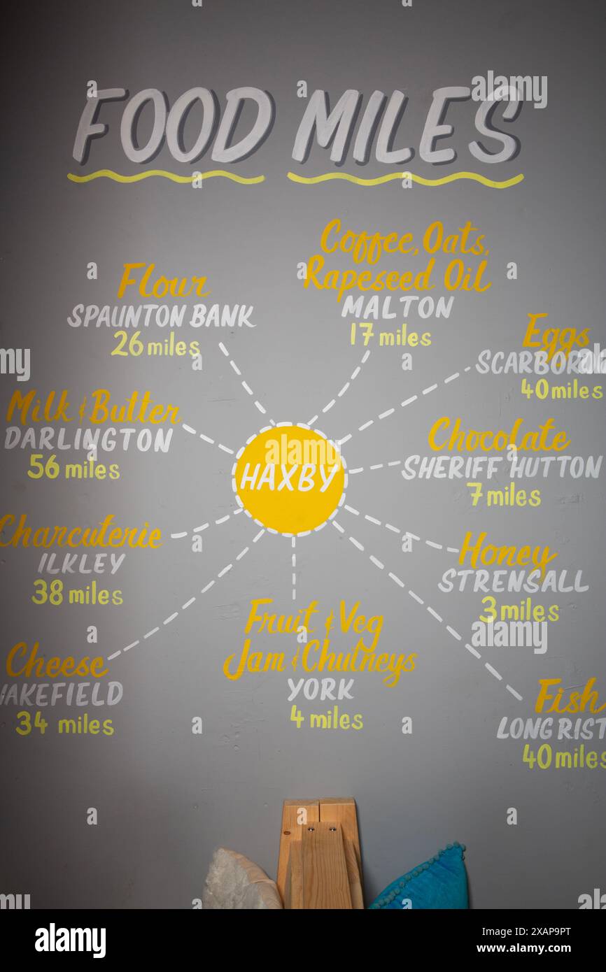 Un panneau sur le mur Haxby Bakehouse montrant les 'Food Miles' d'où ils se procurent les ingrédients qu'ils utilisent. Haxby Bakehouse et Delicatessen l'ont été Banque D'Images