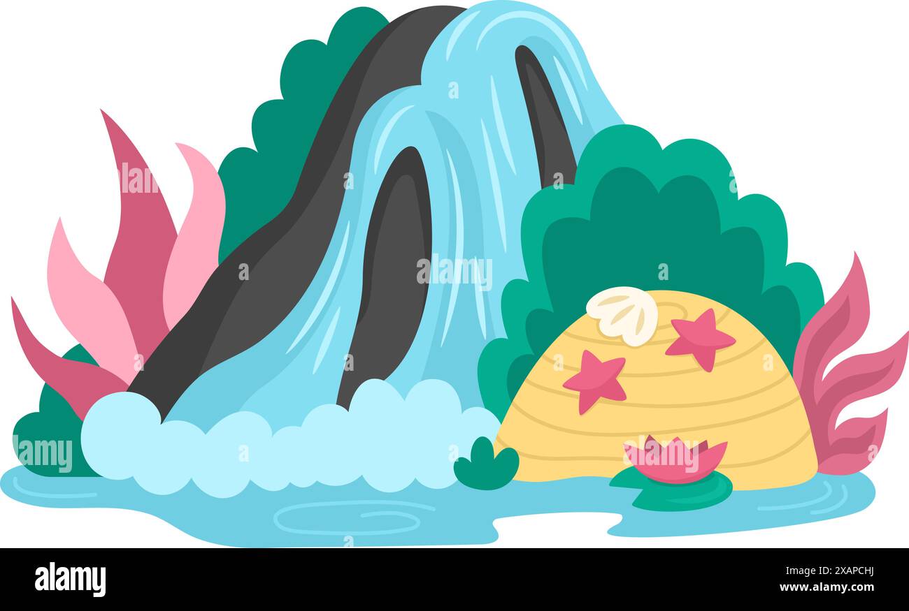 Icône de cascade vectorielle. Illustration de paysage nature isolé sur fond blanc. Image de chute d'eau plate avec verdure, arbres, algues, étoiles de mer. Illustration de Vecteur