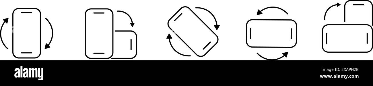 Faites pivoter l'icône téléphone portable définie dans le style de ligne. Rotation de l'appareil avec flèche symboles de style noir simples pour les applications. Illustration de Vecteur