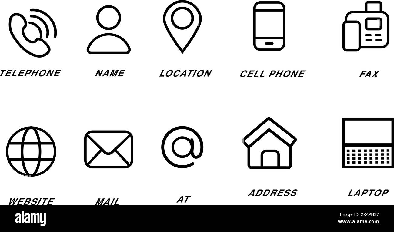 Carte de visite, domicile, téléphone, emplacement, adresse, site Web, courrier, fax, symbole de style noir simple de l'utilisateur pour les applications Illustration de Vecteur