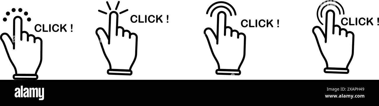 Clic à la main, clic à la main, doigt, écran tactile, pointeur, curseur, geste, souris appuyez sur pousser symbole de style noir simple. Illustration de Vecteur