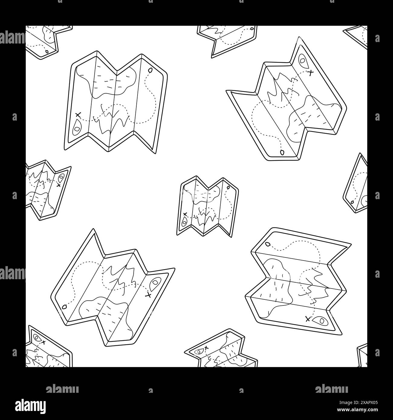 Voyagez sans couture avec Tourist Map. Modèle vectoriel d'éléments de ligne mince. Illustration de boucle de contour, fond noir et blanc. Navigation et TR Illustration de Vecteur