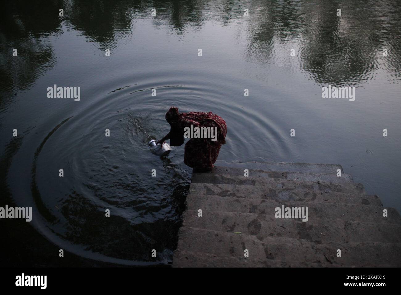 8 juin 2024, Dhaka, Dhaka, BANGLADESH : une femme bangladaise collecte de l'eau potable à partir d'une source d'eau douce, marchant un long chemin pour recueillir de l'eau potable dans la zone côtière de Khulna, au Bangladesh. Selon une étude de l’American Geophysical Union, l’élévation du niveau de la mer, qui affecte la disponibilité de l’eau potable, entraînera la migration d’environ 1,3 millions de personnes à travers le pays d’ici 2050. Une combinaison d'inondations dues aux marées, d'inondations dues aux ondes de tempête et d'intrusion d'eau salée entraîne une augmentation de la salinité dans les eaux souterraines et les étangs d'eau douce, causant une augmentation de la salinité du dr Banque D'Images