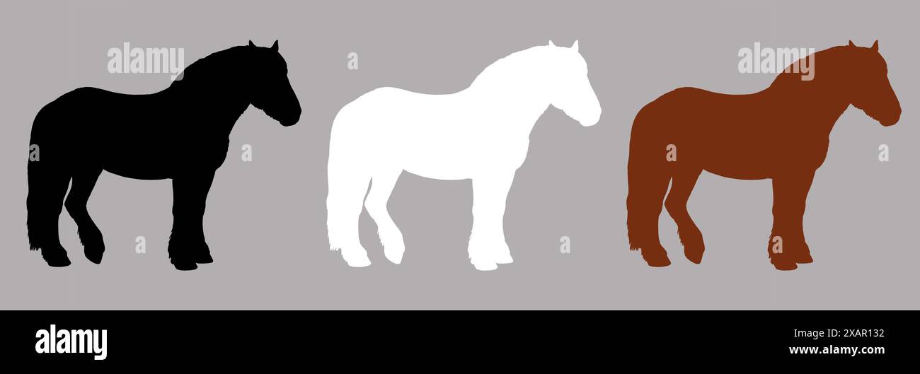 Silhouette noire, blanche et marron du cheval de trait. Dessin équin. Banque D'Images