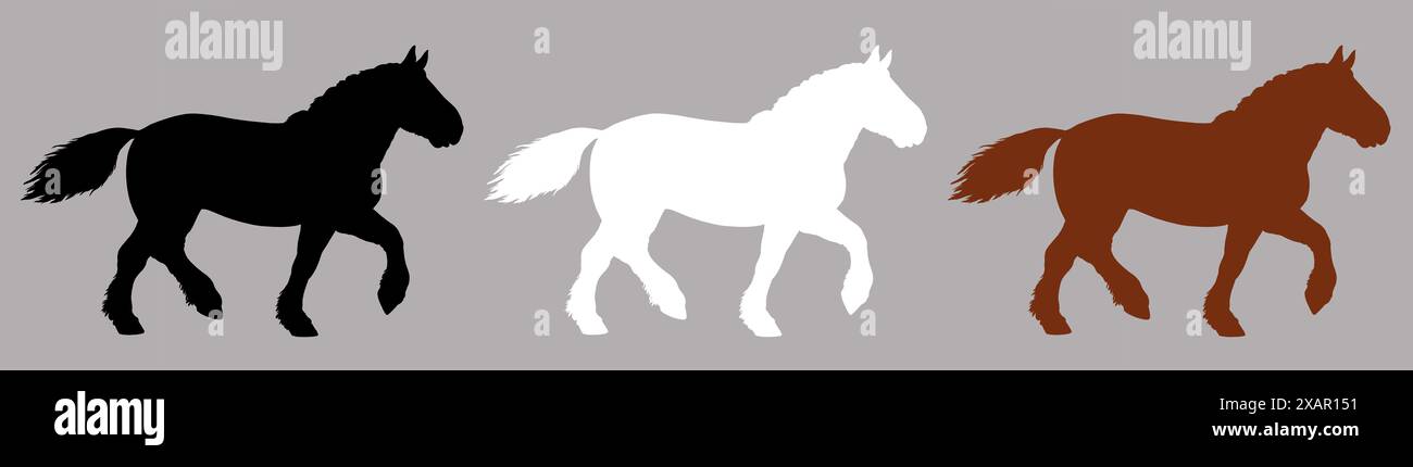 Silhouette noire, blanche et marron du cheval de trait. Dessin équin. Banque D'Images